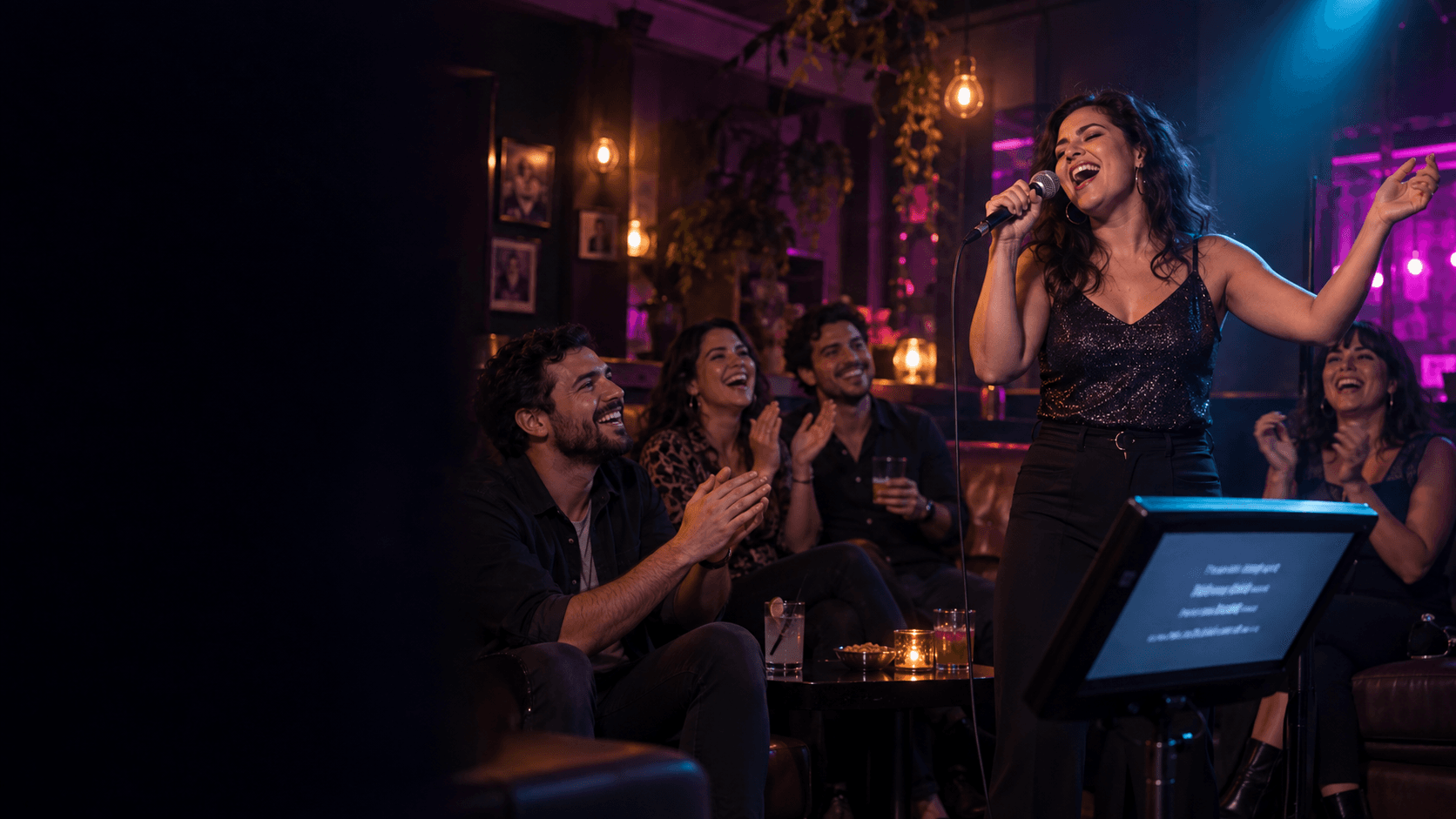 Escena ilustrativa de una mujer cantando karaoke mientras sus amigos la animan